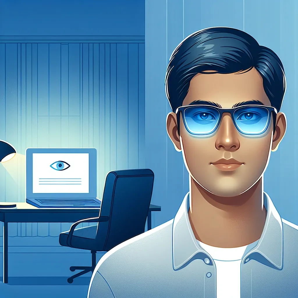 "Person wearing blue-light filtering glasses while working on a computer to reduce eye strain, illustrating the benefits of blue-light filters in preventing digital eye fatigue."